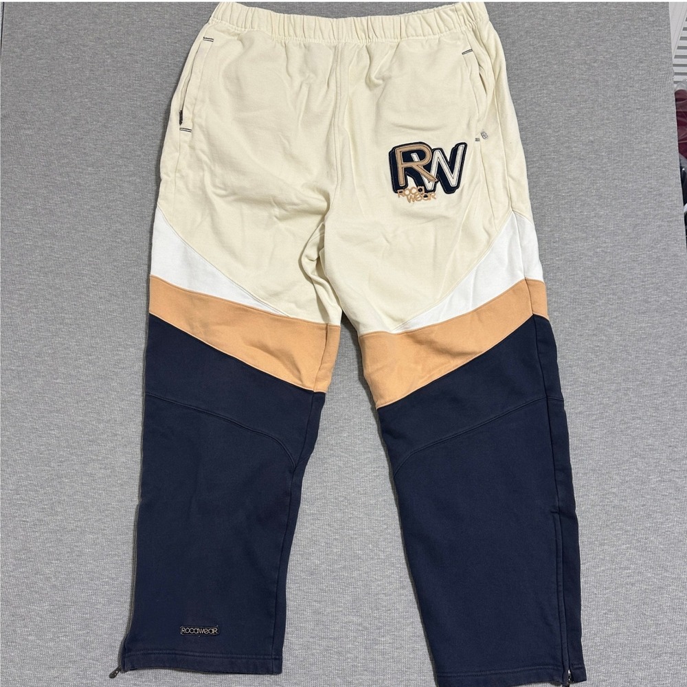 Rocawear RW‎ Colorblock Sweatpants Ankle Zip Y2K Hip Hop Cream Navy Mens 3XL